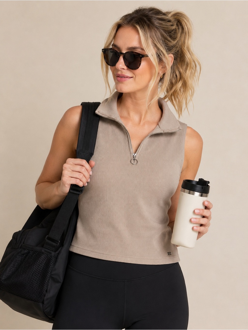 Sleeveless Half-Zip Ribbed Tank Top in Taupe ribbed - Calvin Klein